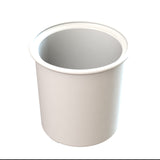A plain, white, cylindrical condiment crock with a wide opening and smooth sides is shown on a white background. The container appears to be made of plastic or ceramic, is empty, and has a slightly rounded rim with no handles or markings.