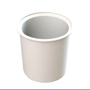 A plain, white, cylindrical condiment crock with a wide opening and smooth sides is shown on a white background. The container appears to be made of plastic or ceramic, is empty, and has a slightly rounded rim with no handles or markings.