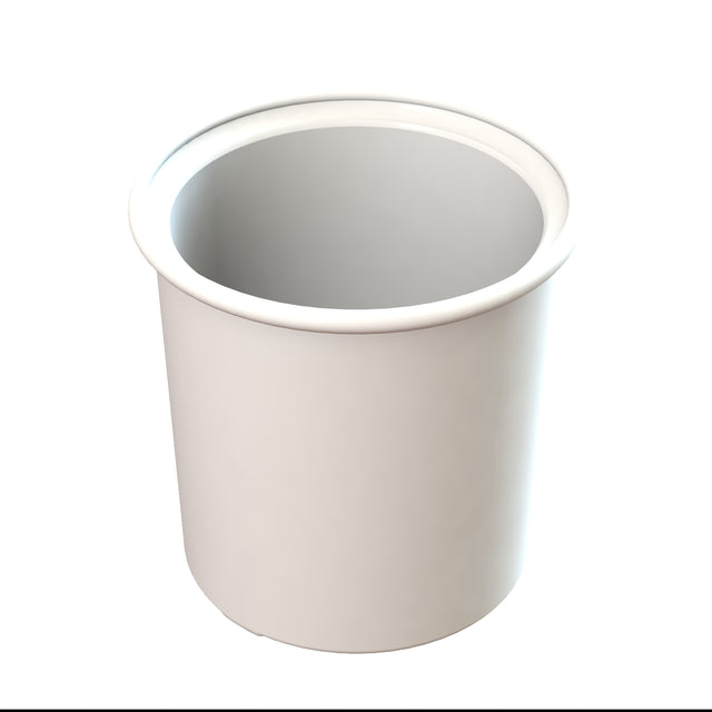 A plain, white, cylindrical condiment crock with a wide opening and smooth sides is shown on a white background. The container appears to be made of plastic or ceramic, is empty, and has a slightly rounded rim with no handles or markings.