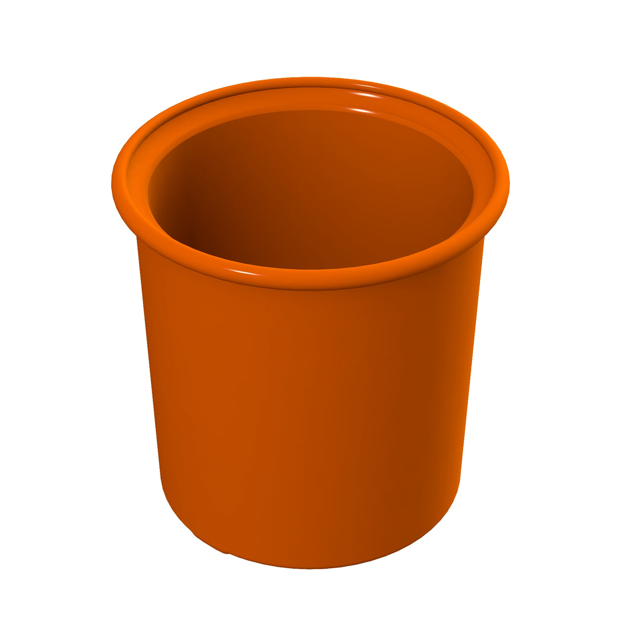 A 3D-rendered image of an empty, cylindrical orange plastic bucket with a wide rim, viewed from above at an angle, on a plain white background—perfect for use as a dishwasher safe condiment crock.