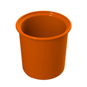 A 3D-rendered image of an empty, cylindrical orange plastic bucket with a wide rim, viewed from above at an angle, on a plain white background—perfect for use as a dishwasher safe condiment crock.