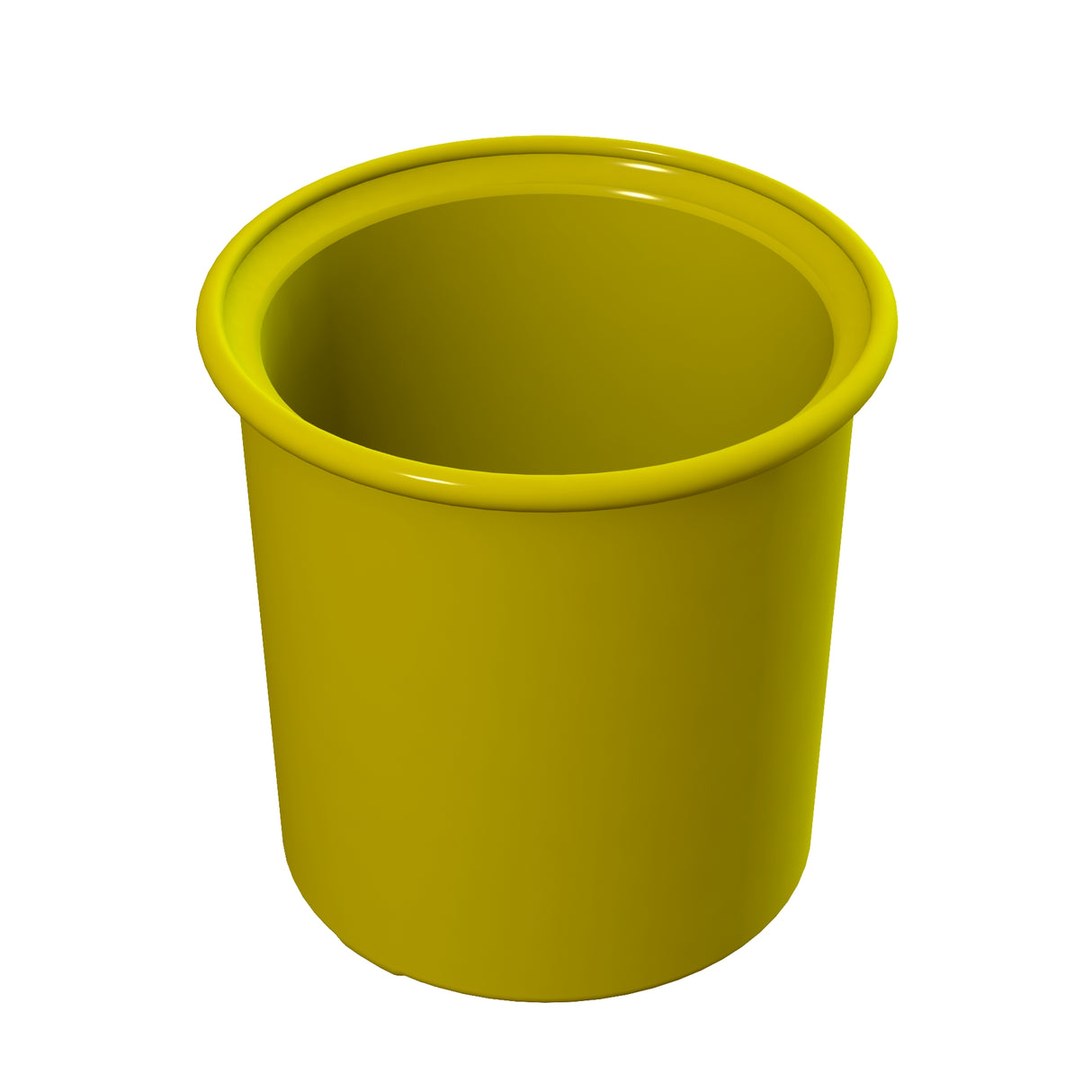 A plain, round, yellow plastic bin or container with a smooth surface and a slightly flared rim. This dishwasher safe bin is empty and set against a white background, viewed from above at an angle.