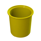 A plain, round, yellow plastic bin or container with a smooth surface and a slightly flared rim. This dishwasher safe bin is empty and set against a white background, viewed from above at an angle.