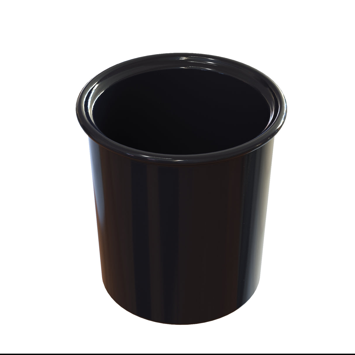 A shiny, black cast aluminum cylindrical cup or Condiment Crock with a wide rim, viewed from slightly above on a white background. The interior is dark, and the surface reflects light, highlighting its smooth, glossy texture.