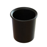 A black, cylindrical, open-top cast aluminum container with a slightly flared rim is shown on a white background. The smooth, matte surface has small white speckles across the exterior, evoking graniteware—perfect as a stylish condiment crock.