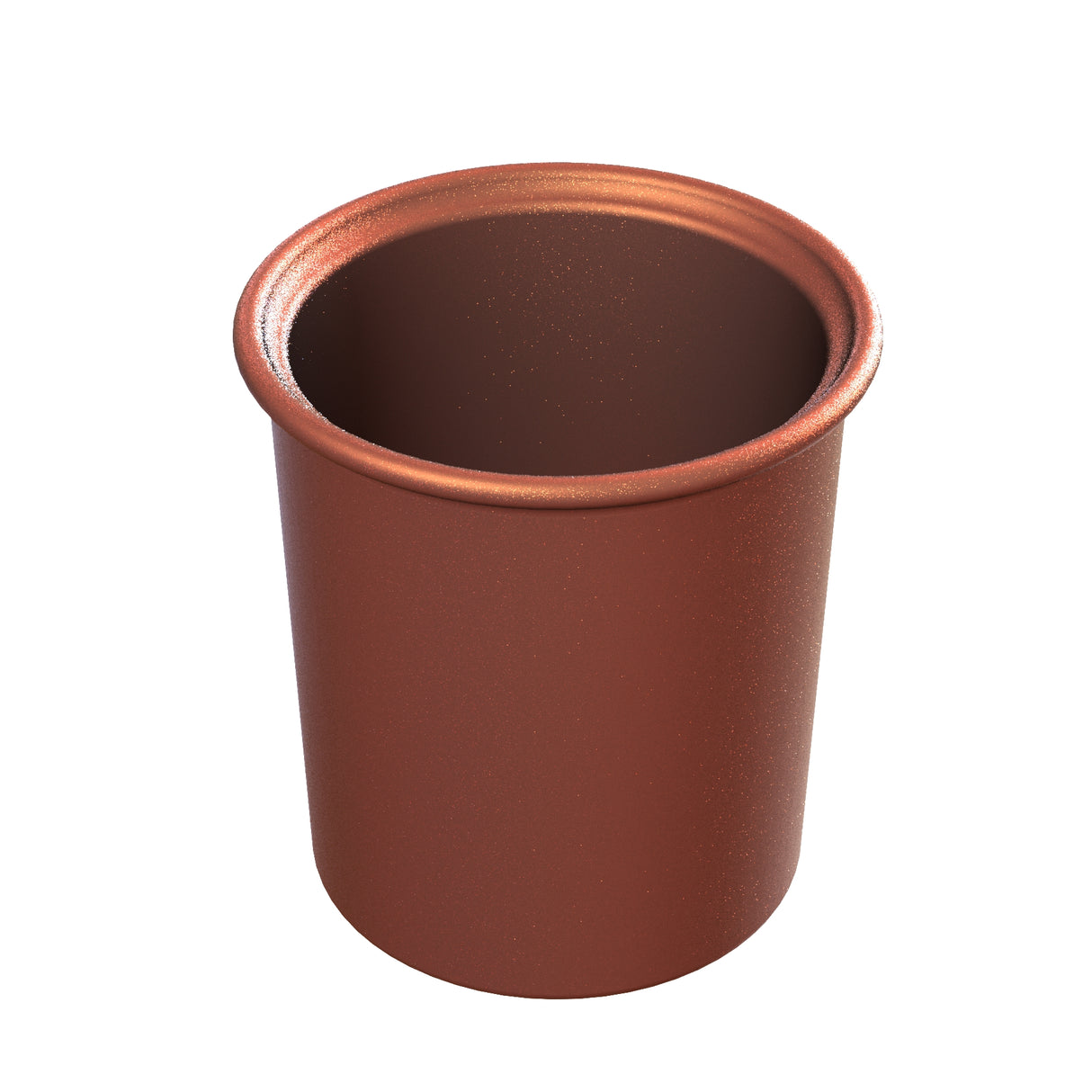 A small, empty, cylindrical copper cup with a rounded rim and a sleek copper finish. The cup appears shiny and metallic, with a reddish-brown color and smooth texture, set against a plain white background.
