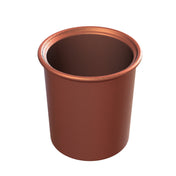 A small, empty, cylindrical copper cup with a rounded rim and a sleek copper finish. The cup appears shiny and metallic, with a reddish-brown color and smooth texture, set against a plain white background.