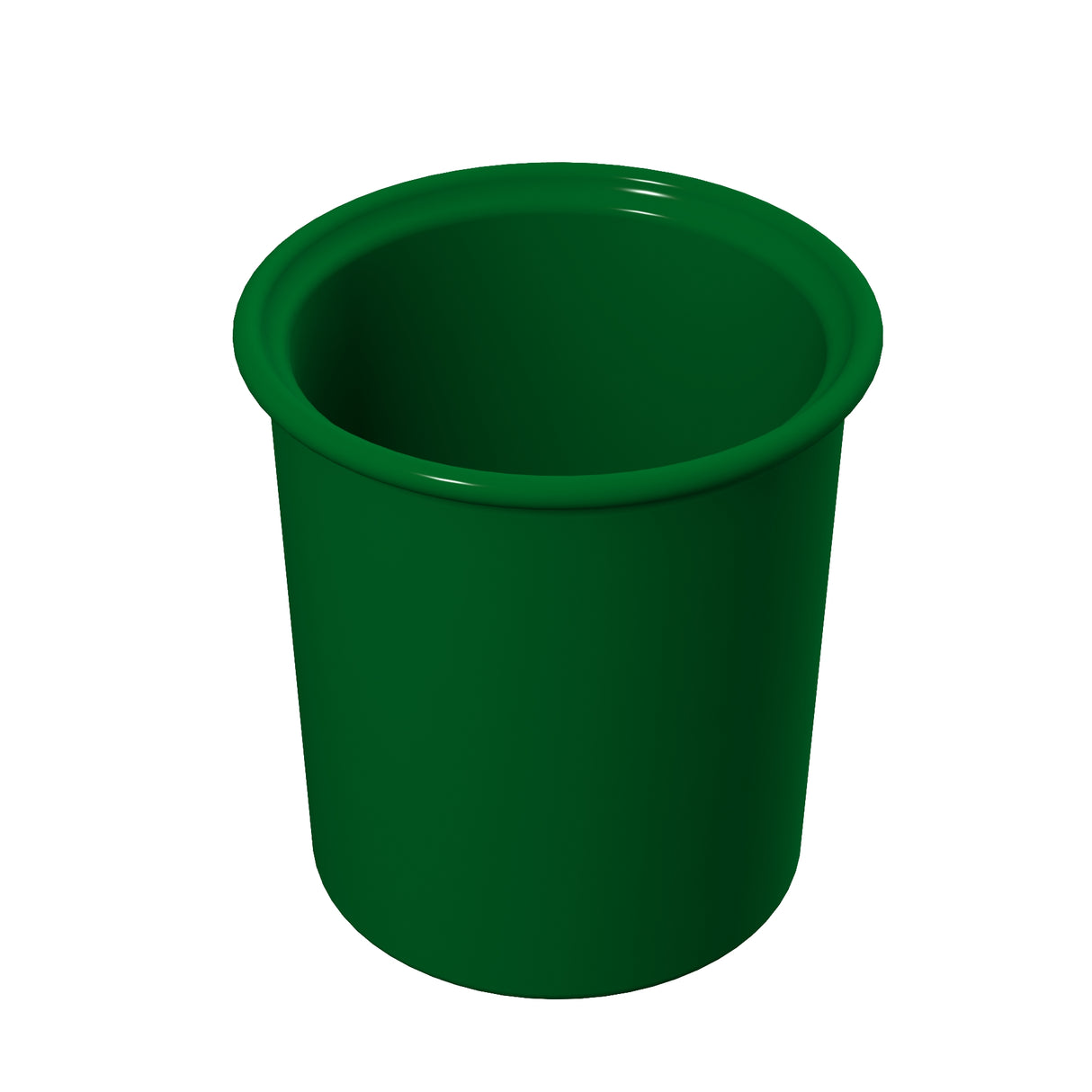 A plain, solid green plastic cup with a slightly flared rim is shown against a white background. The dishwasher safe cup is empty and cylindrical, featuring smooth sides and a glossy finish.