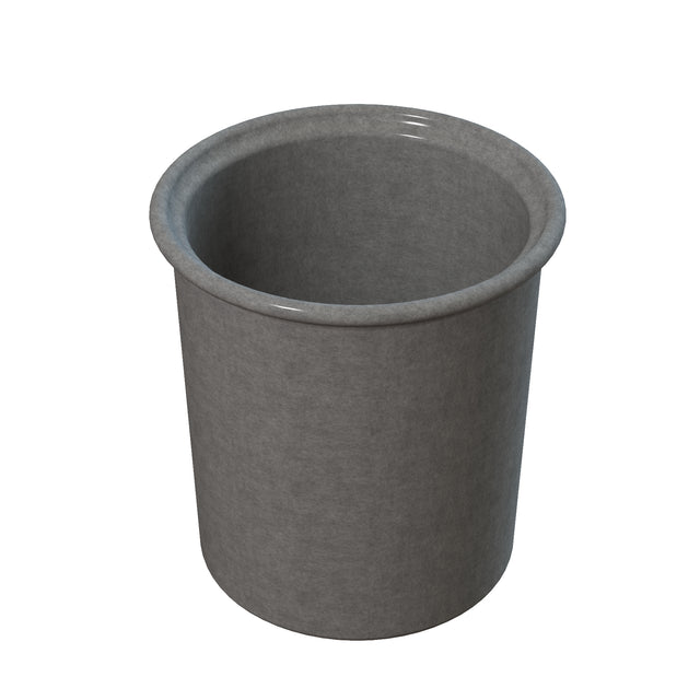 A gray, cylindrical cast aluminum container with a slightly flared, rounded rim. The inside appears smooth and empty. Set against a white background, it's lit from above with subtle shadows—durable and dishwasher safe for easy cleaning.