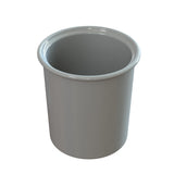 A shiny, cylindrical white ceramic condiment crock with a wide open top and a slightly rounded rim, shown against a plain white background. The inside is visible, and it has a smooth, glossy finish.