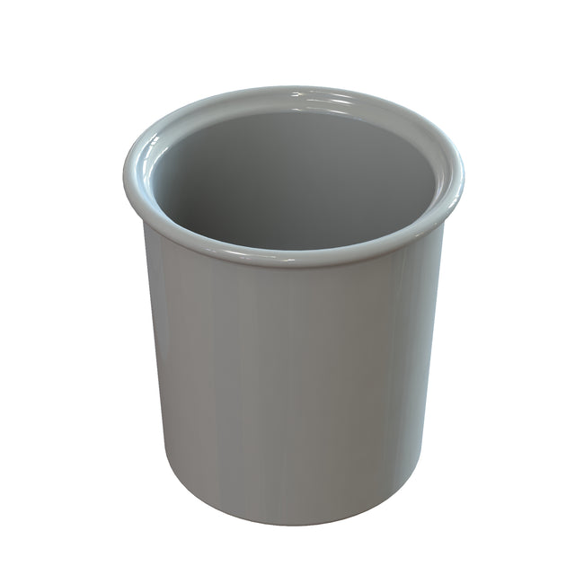 A shiny, cylindrical white ceramic condiment crock with a wide open top and a slightly rounded rim, shown against a plain white background. The inside is visible, and it has a smooth, glossy finish.