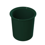 A dark green, cylindrical plastic plant pot with a wide opening and slightly outward-curving rim, viewed from above against a plain white background. The surface appears smooth and glossy, resembling the finish of a cast aluminum condiment crock.