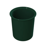 A dark green, cylindrical plastic plant pot with a wide opening and slightly outward-curving rim, viewed from above against a plain white background. The surface appears smooth and glossy, resembling the finish of a cast aluminum condiment crock.