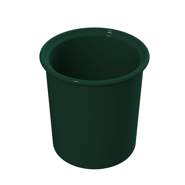 A dark green, cylindrical plastic plant pot with a wide opening and slightly outward-curving rim, viewed from above against a plain white background. The surface appears smooth and glossy, resembling the finish of a cast aluminum condiment crock.