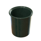 A dark green, cylindrical ceramic condiment crock with a glossy finish. The cup has a slightly flared rim, no visible handle, and is dishwasher safe. It is empty and shown against a plain white background.