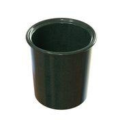 A dark green, cylindrical ceramic condiment crock with a glossy finish. The cup has a slightly flared rim, no visible handle, and is dishwasher safe. It is empty and shown against a plain white background.