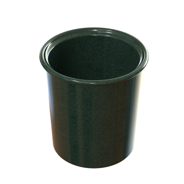 A dark green, cylindrical ceramic condiment crock with a glossy finish. The cup has a slightly flared rim, no visible handle, and is dishwasher safe. It is empty and shown against a plain white background.
