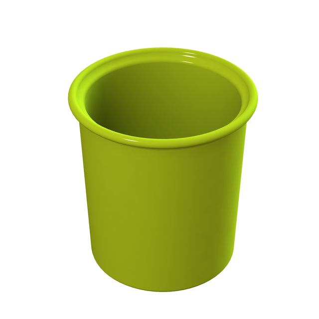 A bright green, cylindrical plastic cup is shown against a white background. The cup has smooth sides, a slightly flared rim at the top, and features a design that is dishwasher safe. The inside of the cup is also green and appears empty.