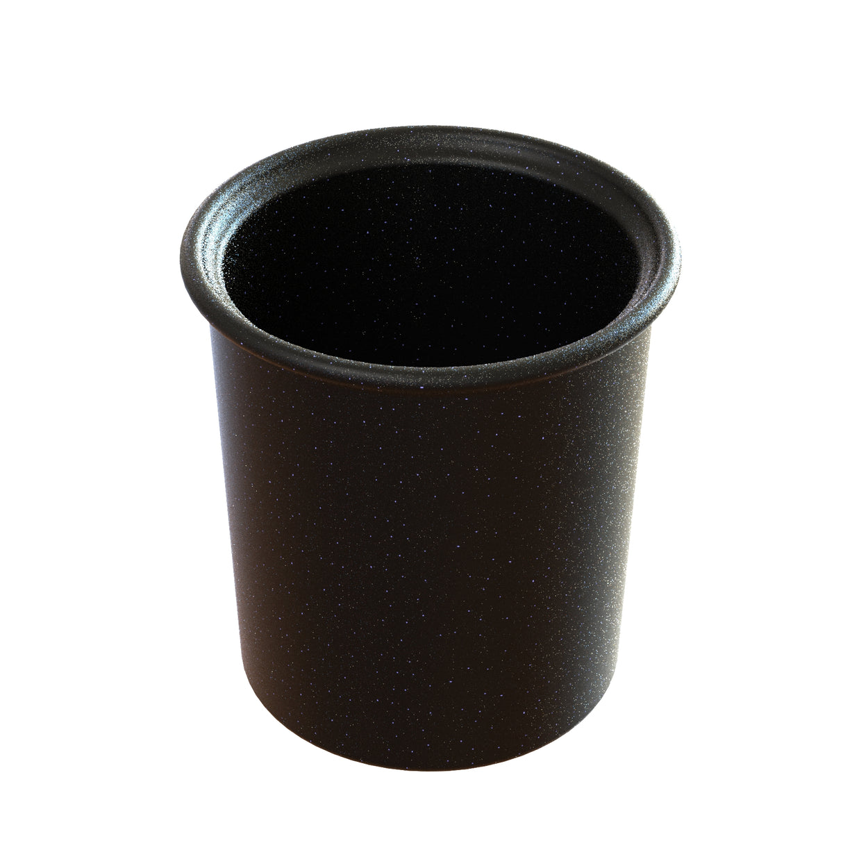 A black, cylindrical cast aluminum cup with a slightly flared rim and speckled finish, photographed on a white background. Its vintage enamelware look makes it perfect as a condiment crock and it's dishwasher safe for easy cleaning.