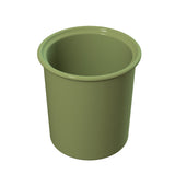 A green, cylindrical plastic condiment crock with a slightly flared rim is shown against a white background. The cup appears empty and has a smooth, glossy surface, ideal for cold holding sauces or dressings.