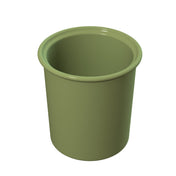 A green, cylindrical plastic condiment crock with a slightly flared rim is shown against a white background. The cup appears empty and has a smooth, glossy surface, ideal for cold holding sauces or dressings.