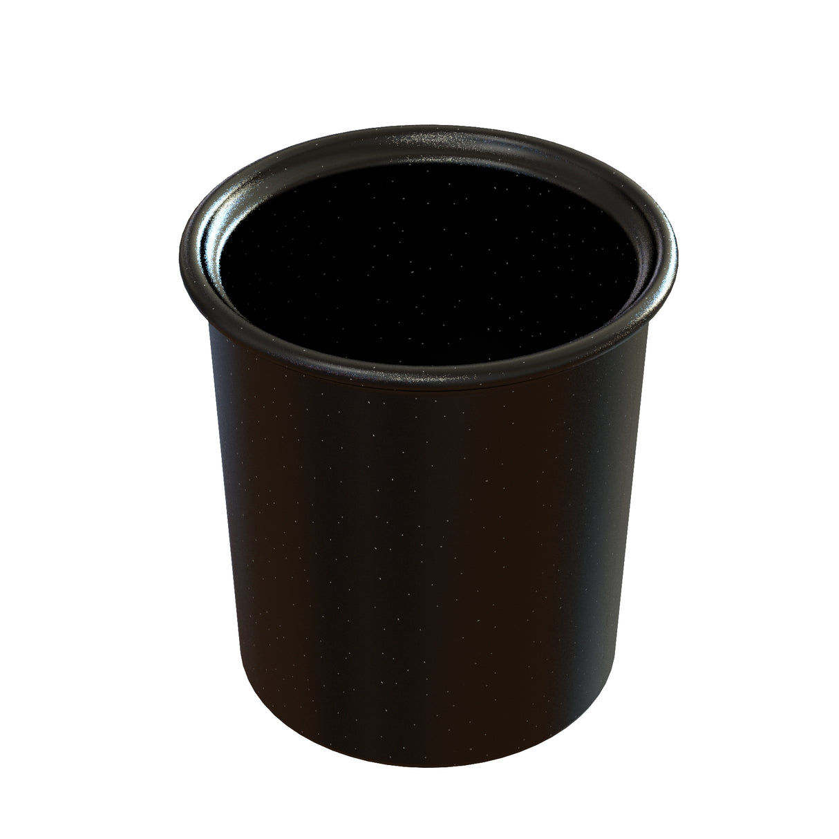 A black, cylindrical, enamel camping mug is shown against a white background. Its glossy surface and tiny white speckles evoke classic enamelware, while its shape resembles a classic condiment crock—perfect for cold holding at the campsite.