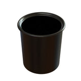 A black, cylindrical, enamel camping mug is shown against a white background. Its glossy surface and tiny white speckles evoke classic enamelware, while its shape resembles a classic condiment crock—perfect for cold holding at the campsite.