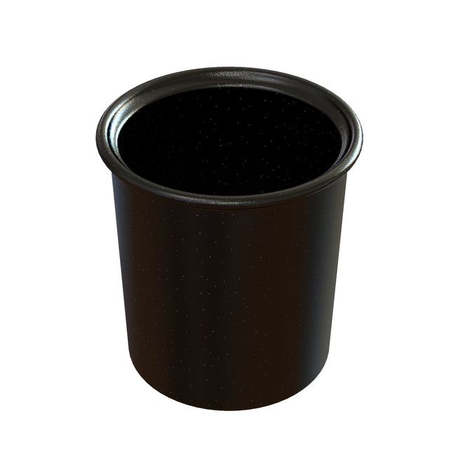 A black, cylindrical, enamel camping mug is shown against a white background. Its glossy surface and tiny white speckles evoke classic enamelware, while its shape resembles a classic condiment crock—perfect for cold holding at the campsite.