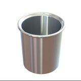 A shiny, metallic aluminum condiment crock with a slightly flared rim sits on a white background. The surface is smooth, reflective, and NSF-certified, with no visible handles or markings on the empty cup.