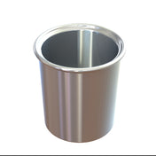 A shiny, metallic aluminum condiment crock with a slightly flared rim sits on a white background. The surface is smooth, reflective, and NSF-certified, with no visible handles or markings on the empty cup.