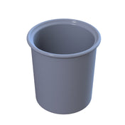 A shiny, cylindrical, gray plastic condiment crock with a slightly flared rim sits empty against a white background. The container has smooth sides and an open top, featuring a simple, functional design ideal for cold holding.