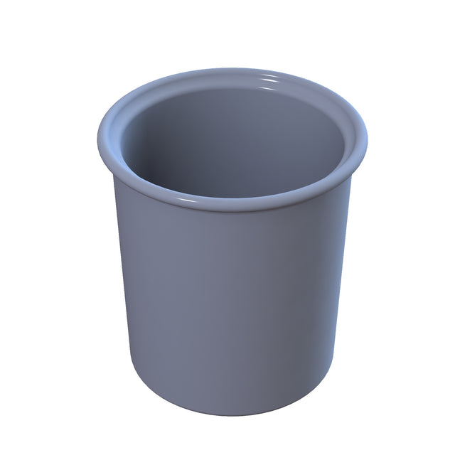 A shiny, cylindrical, gray plastic condiment crock with a slightly flared rim sits empty against a white background. The container has smooth sides and an open top, featuring a simple, functional design ideal for cold holding.