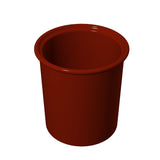 A 3D-rendered image of a plain, round, deep red plastic condiment crock with a smooth surface and slightly flared rim, set against a white background. The cup is empty and viewed from a slightly elevated angle.