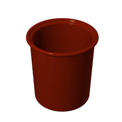 A 3D-rendered image of a plain, round, deep red plastic condiment crock with a smooth surface and slightly flared rim, set against a white background. The cup is empty and viewed from a slightly elevated angle.