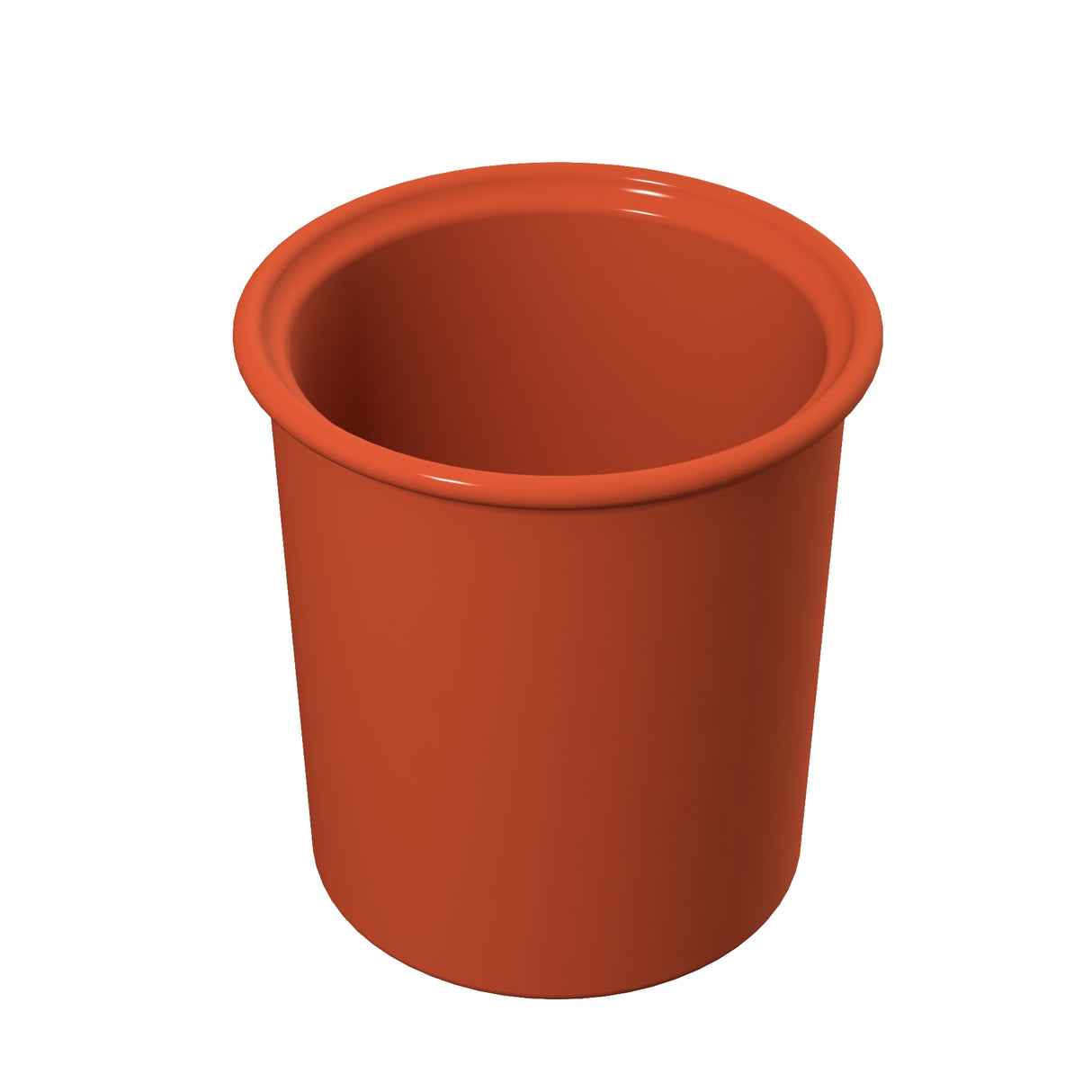 A 3D rendering of an empty, round, red plastic cup with a wide rim, viewed from slightly above and centered on a plain white background. The simple, smooth design resembles a condiment crock and has no markings or patterns.
