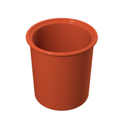 A 3D rendering of an empty, round, red plastic cup with a wide rim, viewed from slightly above and centered on a plain white background. The simple, smooth design resembles a condiment crock and has no markings or patterns.