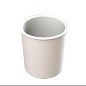 A plain, white, cylindrical cup with a slightly flared rim, viewed from above at an angle, on a white background. The cup appears empty and has a smooth, dishwasher safe surface.