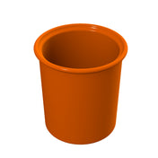 An orange, cylindrical plastic cup with a smooth surface and slightly flared rim, viewed from above at an angle, set against a plain white background. This simple design resembles a modern condiment crock and appears empty.