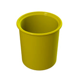A shiny, plain yellow plastic cup is shown against a white background. The cup is cylindrical with a slightly wider rim and no handles, featuring a smooth and glossy surface—similar in shape to a classic condiment crock.