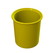 A shiny, plain yellow plastic cup is shown against a white background. The cup is cylindrical with a slightly wider rim and no handles, featuring a smooth and glossy surface—similar in shape to a classic condiment crock.