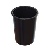 A black, cylindrical plastic trash can with a wide, round opening at the top. Shown empty against a plain white background, its smooth, shiny surface is easy to clean and dishwasher safe. Light reflects off its durable design.