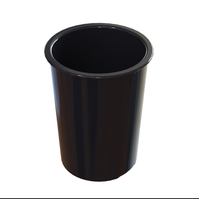 A black, cylindrical plastic trash can with a wide, round opening at the top. Shown empty against a plain white background, its smooth, shiny surface is easy to clean and dishwasher safe. Light reflects off its durable design.