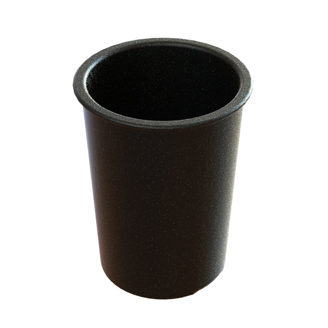 A black, cylindrical salad dressing crock with a smooth rim and slightly flared top, pictured against a white background. The cup is empty and upright, showing its deep interior and matte finish with subtle speckles. Ideal for cold holding.