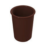 A plain, dark brown, cylindrical salad dressing crock with a slightly flared rim is shown against a white background. The cup appears empty and has smooth, shiny surfaces, giving it a clean and simple design suitable for cold holding.
