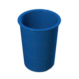 A plain, cylindrical blue plastic cup with a slightly flared rim is shown on a white background. The cup is dishwasher safe and its interior and exterior surfaces are smooth and unadorned.