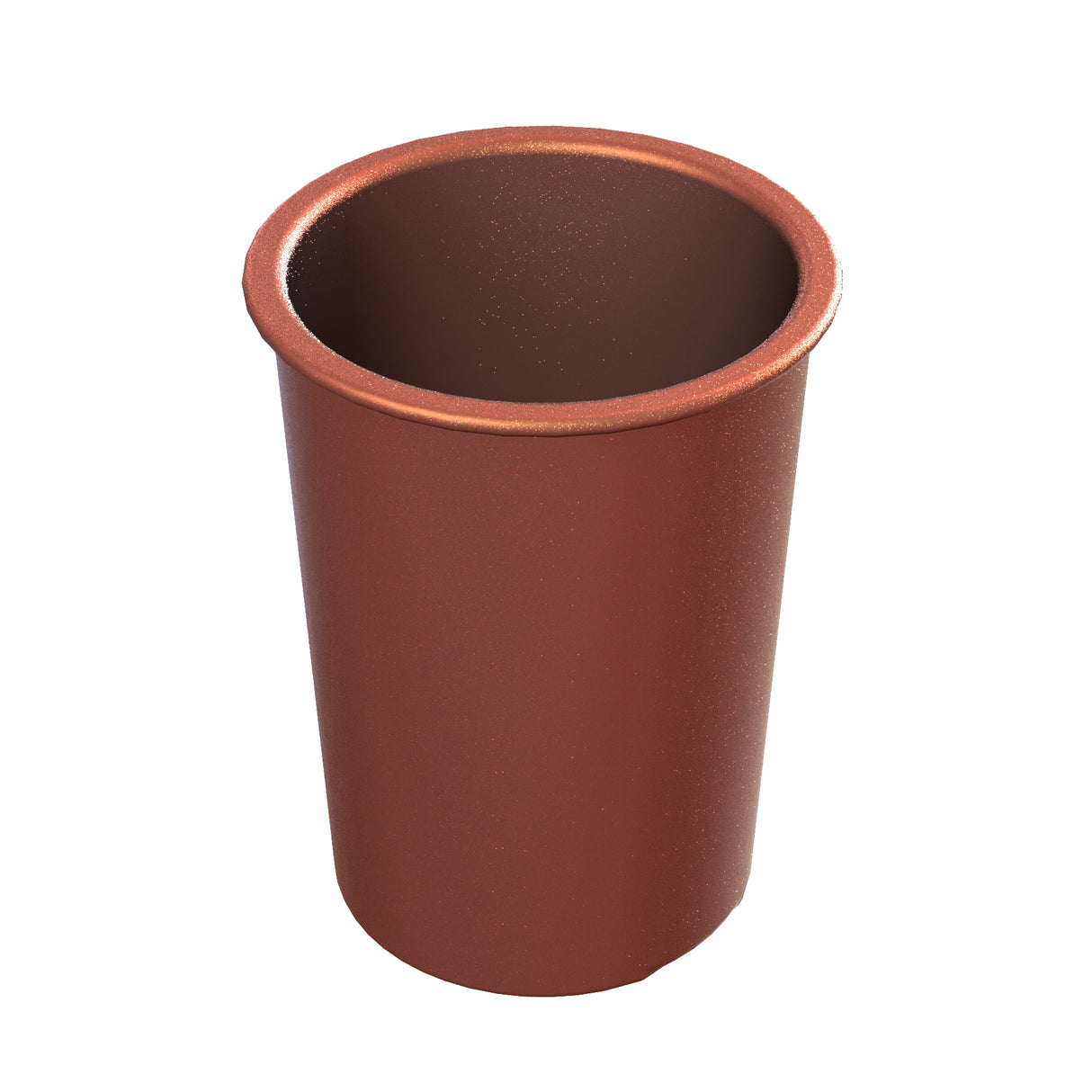 A brown, cylindrical salad dressing crock with a slightly flared rim, viewed from an elevated angle against a white background. The crock appears to be made of plastic or ceramic and is empty.