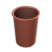 A brown, cylindrical salad dressing crock with a slightly flared rim, viewed from an elevated angle against a white background. The crock appears to be made of plastic or ceramic and is empty.