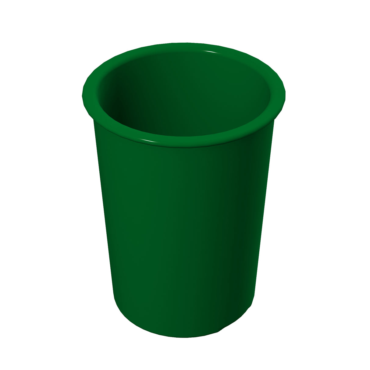 A plain, solid green plastic cup is shown against a white background. The cylindrical, slightly flared cup is dishwasher safe, with no patterns or designs. The viewpoint is slightly above and to the side, displaying the inside and most of the outer surface.