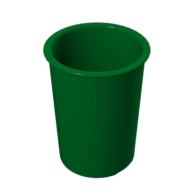 A plain, solid green plastic cup is shown against a white background. The cylindrical, slightly flared cup is dishwasher safe, with no patterns or designs. The viewpoint is slightly above and to the side, displaying the inside and most of the outer surface.