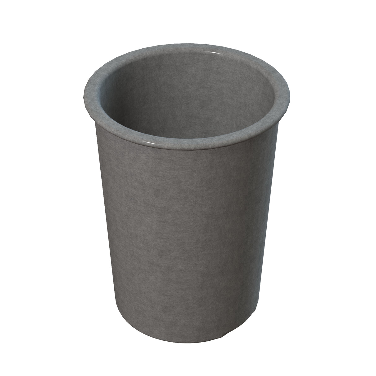 A plain, round, grey plastic trash can with a wide open top and slightly flared rim, set against a white background—its smooth surface echoes the simple utility of a Salad Dressing Crock used for cold holding in food service settings.
